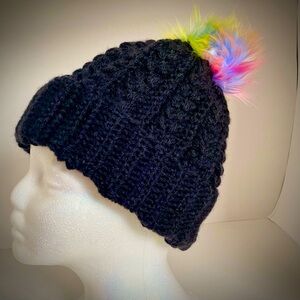 Hand made, crocheted Black with rainbow winter beanie hat